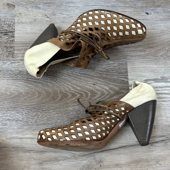 Ixos Italy Leather Heels Brown Cream Cutout Cone Heel Avant Garde 36.5 - Picture 2 of 9